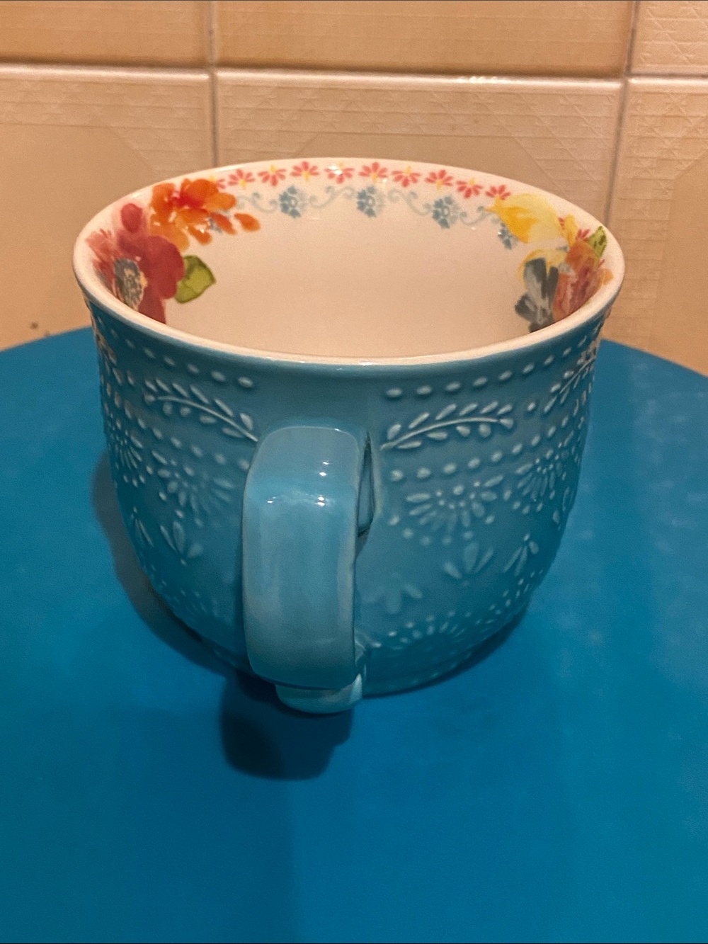 🩷The Pioneer Woman Wildflower Whimsy Mug Turquoise Floral-Trim Embossed - Picture 2 of 5